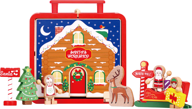 Riababy Santa’s Workshop display with Santa, elves and reindeer