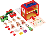 Close-up of the wooden Santa, elves, reindeer and accessories from the Santa’s Workshop GoBox