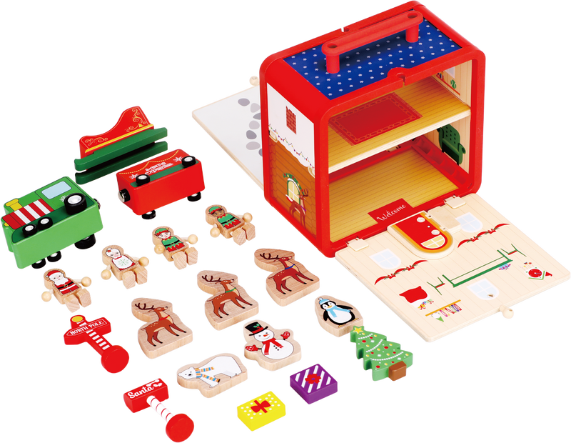 Close-up of the wooden Santa, elves, reindeer and accessories from the Santa’s Workshop GoBox
