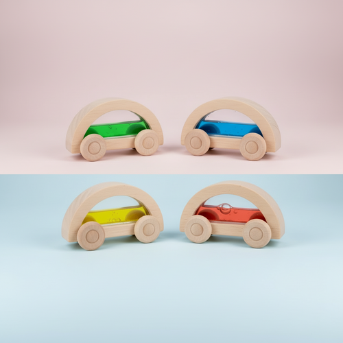 Four wooden toy cars with colorful liquids inside on a white background