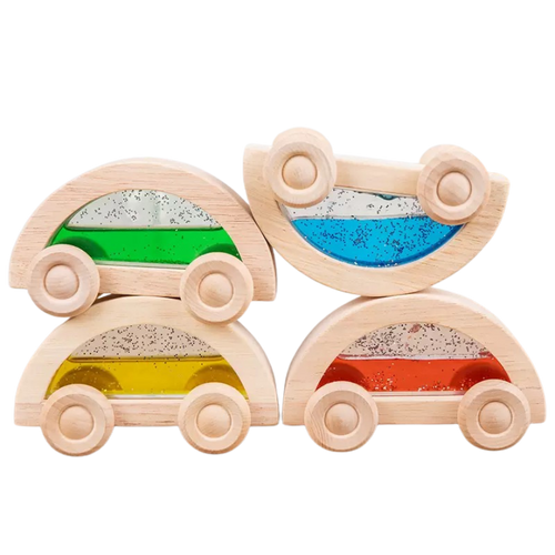 Set of four wooden toy cars with colorful liquid inside