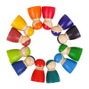 Colorful wooden peg dolls arranged in a circular pattern on a white background