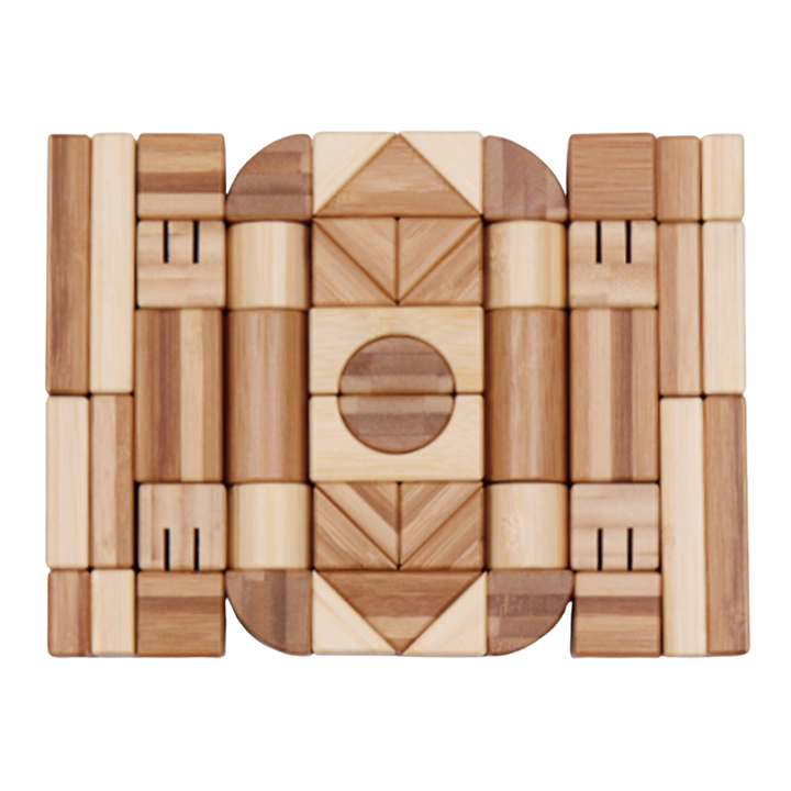 Natural unpainted bamboo building blocks from the 50-piece set arranged on a white background