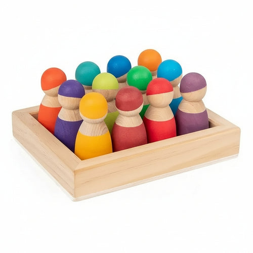 Set of colorful wooden peg dolls in a wooden tray