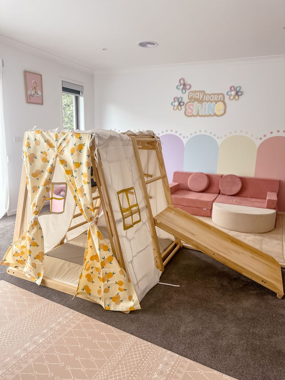 Kiddie Glamping Tent fitted over a Kangaroo Playhouse with the entrance open and slide attached