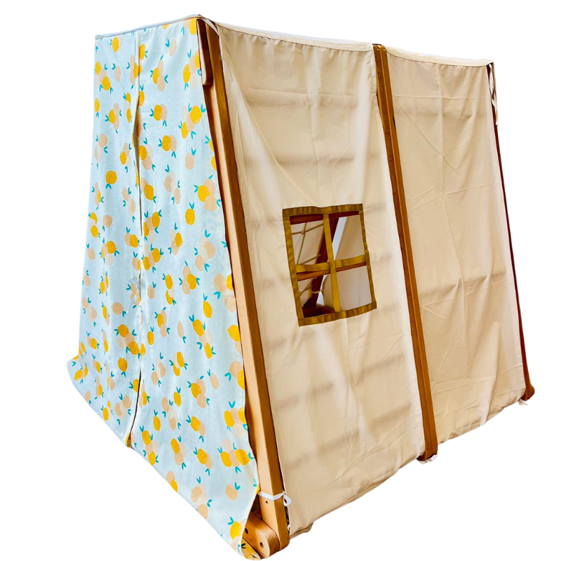 Lucky Lemon Glamping Tent fitted over a Kangaroo Playhouse showing the side window