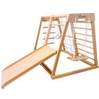 Kangaroo beechwood playhouse with slide, wooden swing, gym rings and rope climbing net