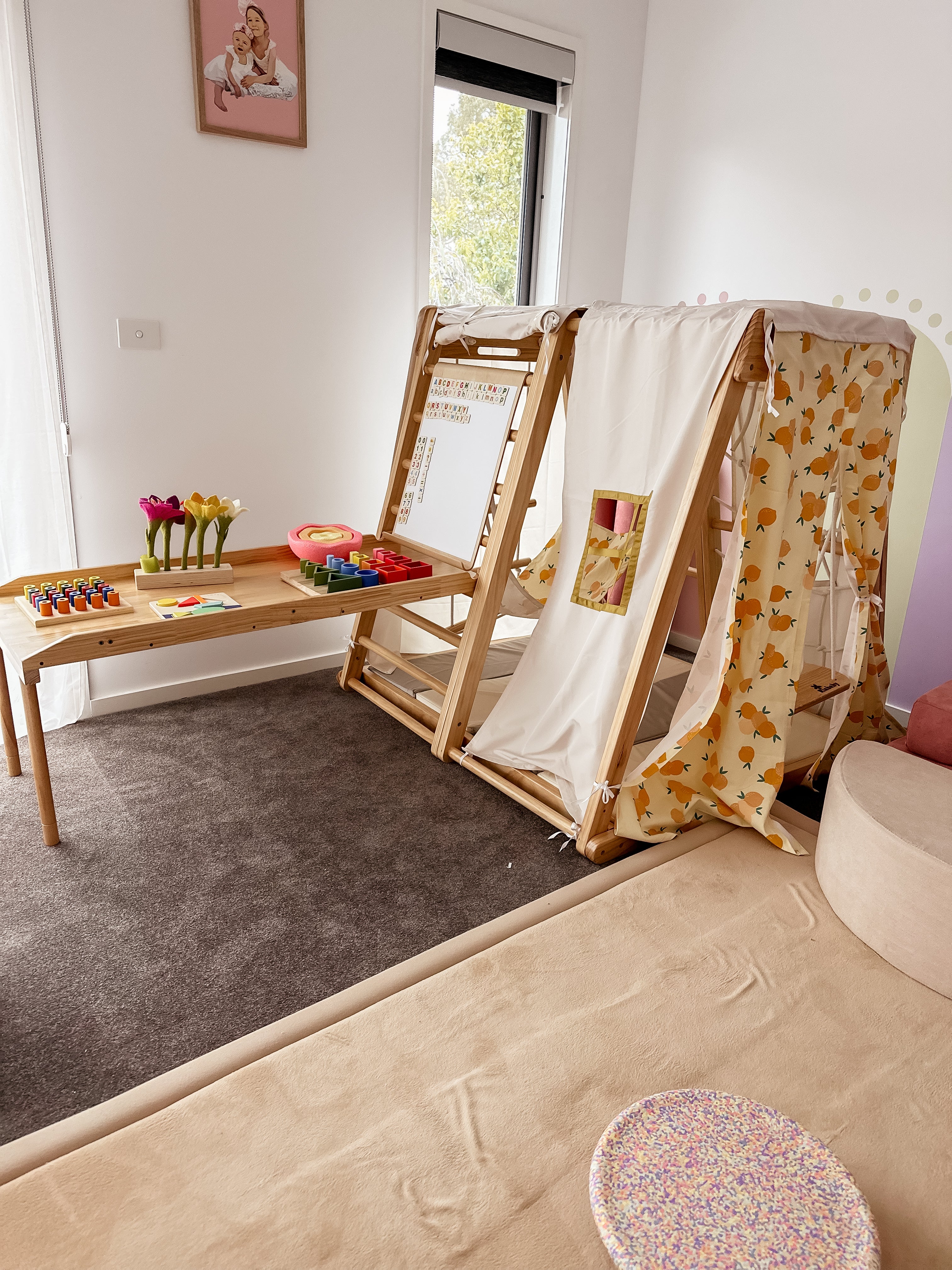 Kangaroo slide board in table configuration; optional drawing board and tent also pictured