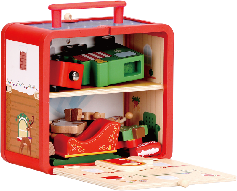 Santa’s Workshop GoBox opened to show the wooden interior and stored Christmas play pieces