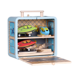 Wooden Airport GoBox opened to show the aircraft and airport play pieces stored inside