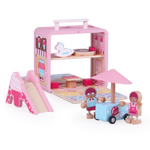 Wooden Candy House GoBox opened with slide, ice cream cart, miniature figures and play accessories
