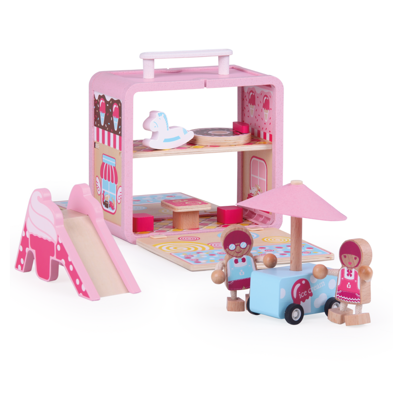 Wooden Candy House GoBox opened with slide, ice cream cart, miniature figures and play accessories