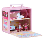 Wooden Candy House GoBox opened to show the miniature furniture, figures and accessories stored inside
