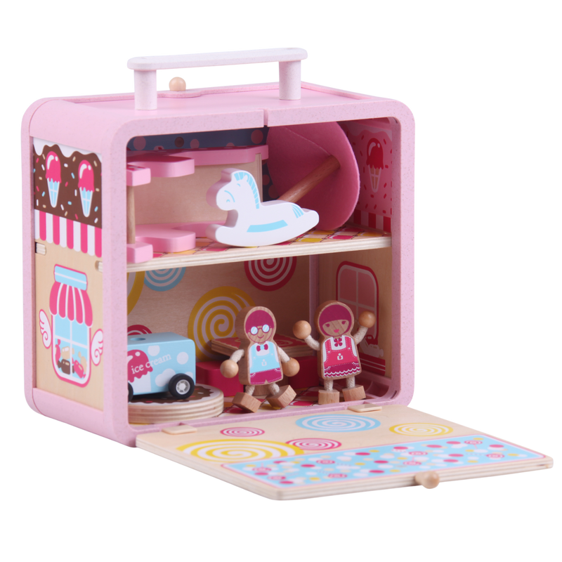Wooden Candy House GoBox opened to show the miniature furniture, figures and accessories stored inside