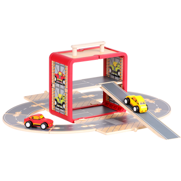 Wooden Car Set GoBox opened with two cars and connected wooden road tracks