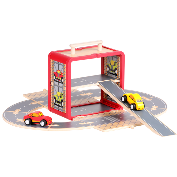 Wooden Car Set GoBox opened with two cars and connected wooden road tracks