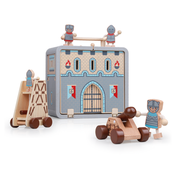Wooden Castle play set arranged with knights, catapults and the castle GoBox