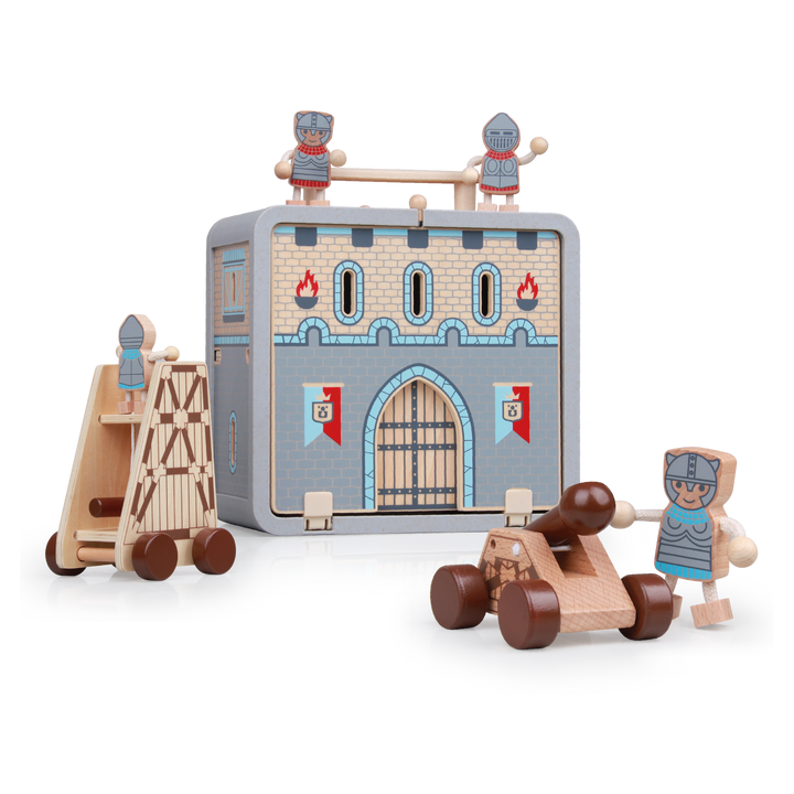 Wooden Castle play set arranged with knights, catapults and the castle GoBox