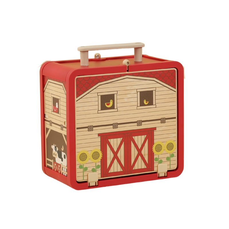 Closed Wooden Farm House GoBox with carry handle and farm artwork