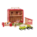 Wooden Farm House GoBox opened with barn, tractor, trailer, farmers, animals and fences