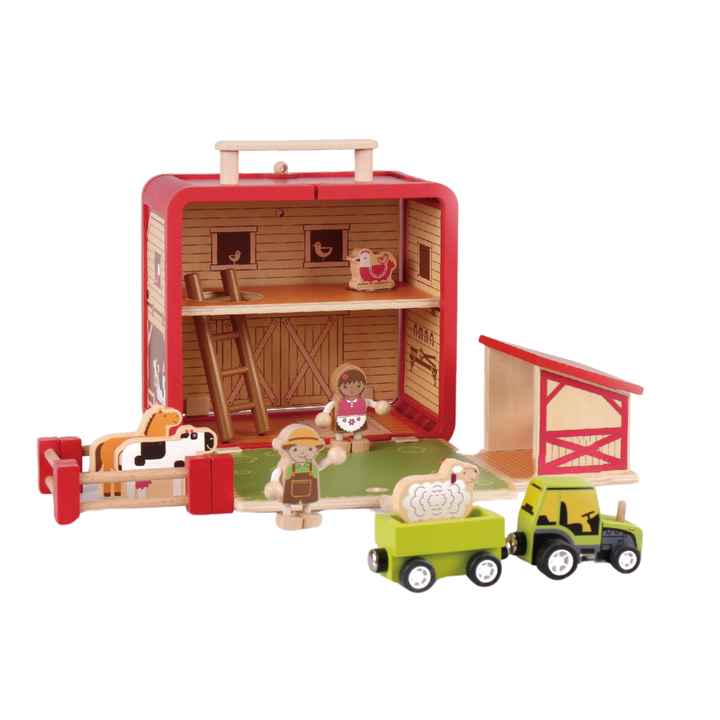 Wooden Farm House GoBox opened with barn, tractor, trailer, farmers, animals and fences