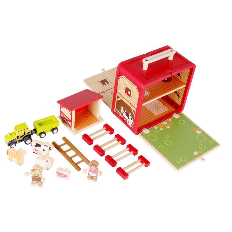 Farm House GoBox set with tractor, trailer, farmers, animals, fences and barn accessories