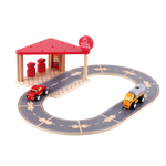 Wooden Petrol Station Set with service station, two cars, petrol pumps and road tracks
