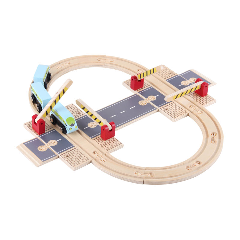 Road and rail junction play set showing lifting barriers, connectors and wooden track pieces