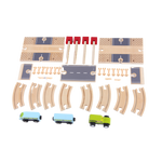 Road Junction Set pieces laid out with cars, trains, road tracks, railway tracks, barriers and connectors