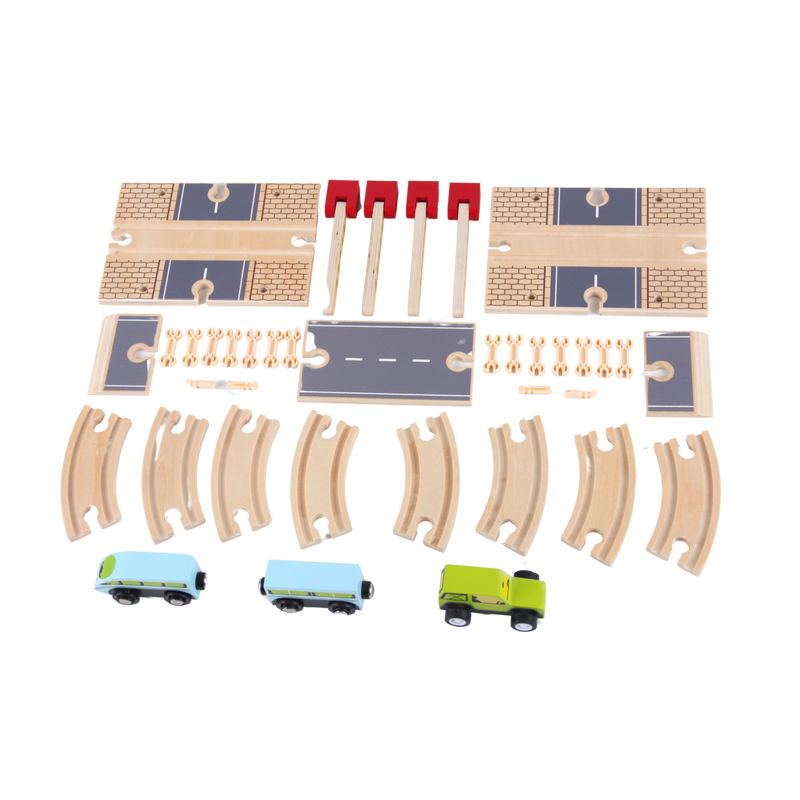 Road Junction Set pieces laid out with cars, trains, road tracks, railway tracks, barriers and connectors