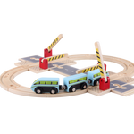 Wooden Road Junction arranged as a road and railway crossing with cars, trains and lifting barriers