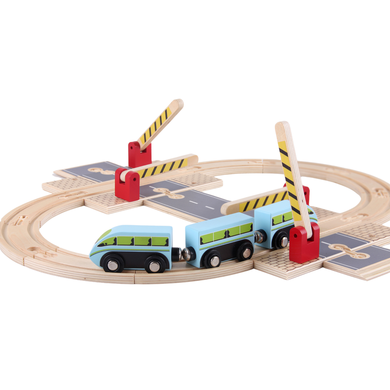 Wooden Road Junction arranged as a road and railway crossing with cars, trains and lifting barriers