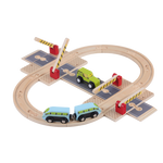 Wooden Road Junction Set with road tracks, railway tracks, cars, trains and lifting barriers