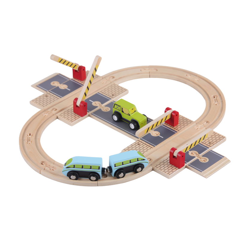 Wooden Road Junction Set with road tracks, railway tracks, cars, trains and lifting barriers