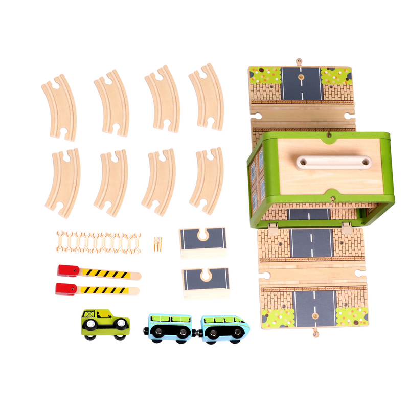 Wooden train and track pieces from the Train Set arranged for railway building play
