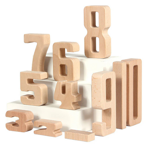 Set of wooden numbers on a white background