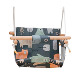 Happy Bear cushioned baby swing with fabric seat, wooden support bars and white suspension ropes