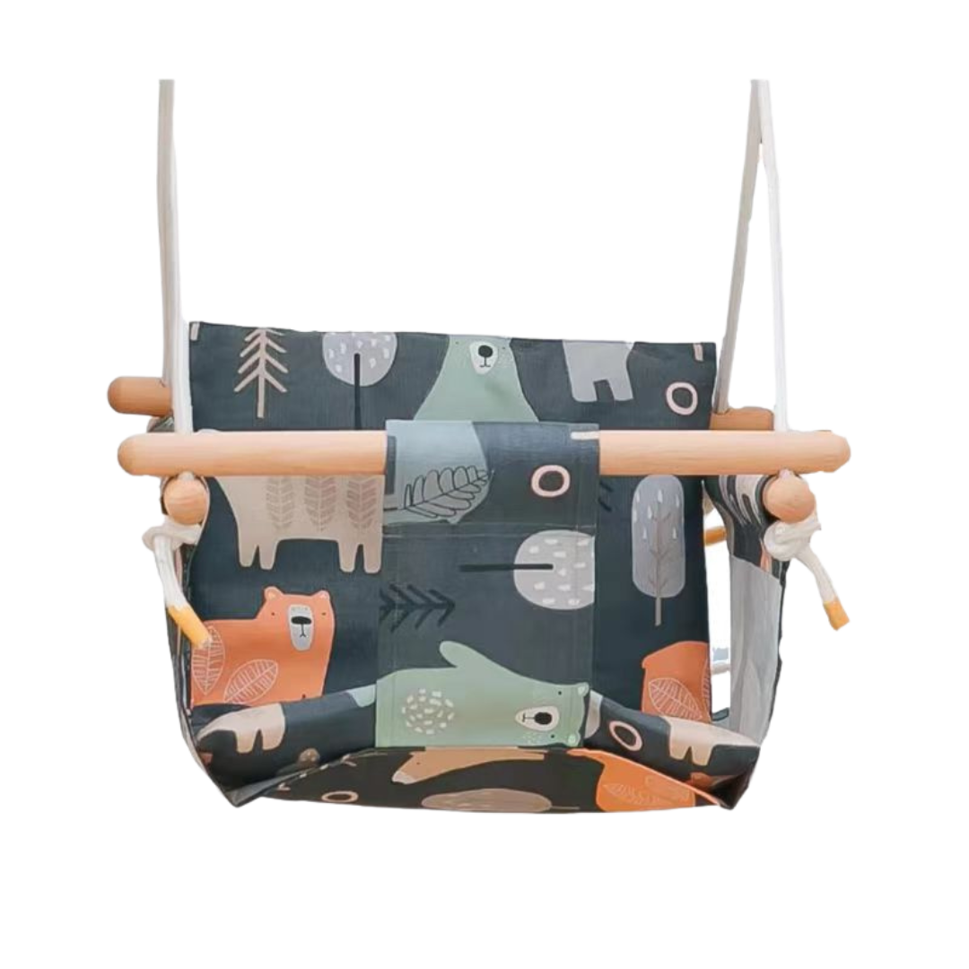 Happy Bear cushioned baby swing with fabric seat, wooden support bars and white suspension ropes