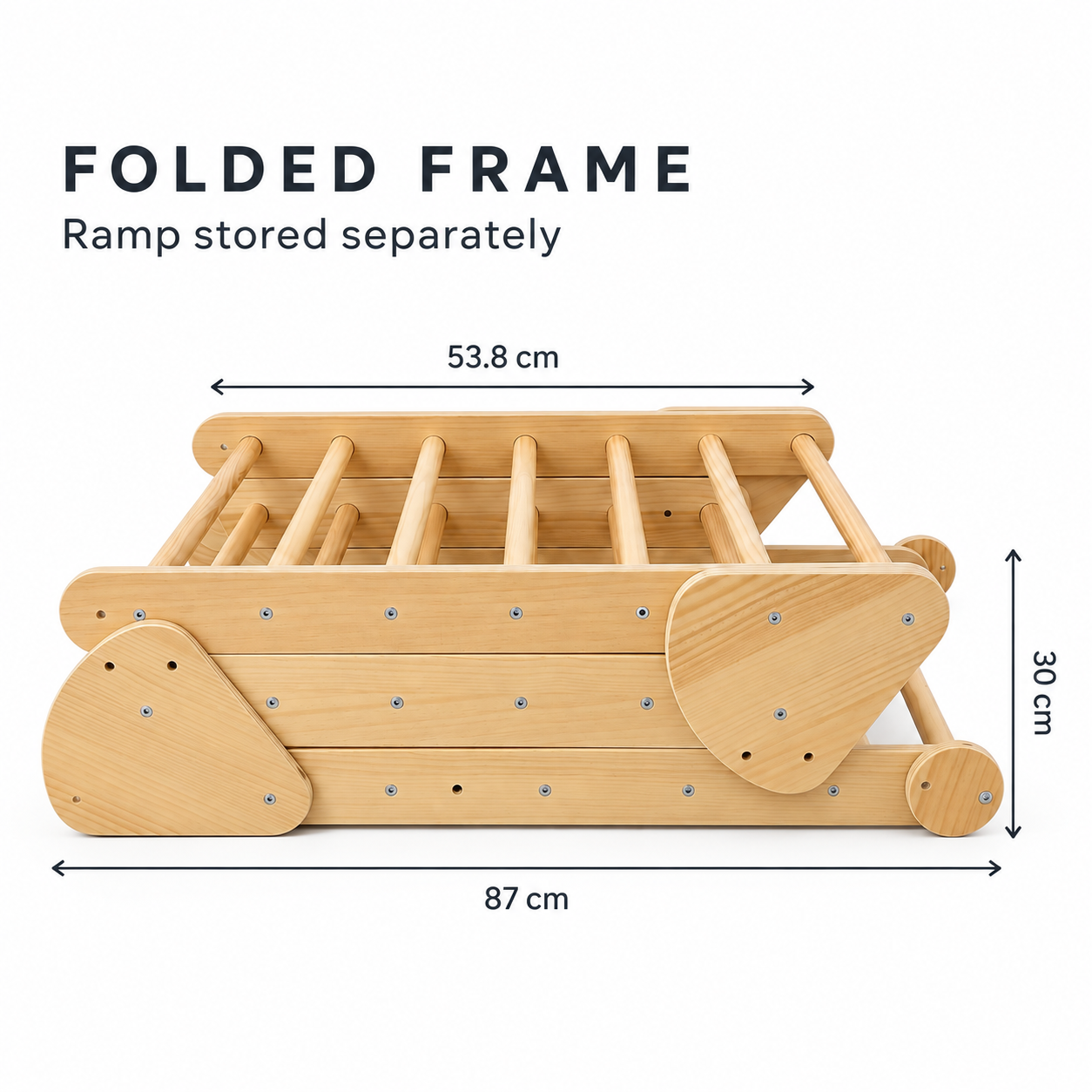 Folded Wombat frame: 87 cm long, 53.8 cm across the top, 30 cm high; ramp stored separately