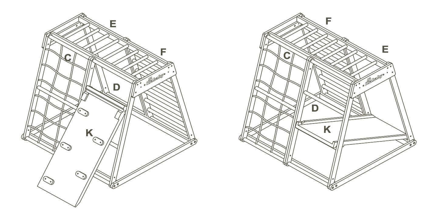 Two complete Kangaroo configurations from the supplied instructions: climbing ramp and internal platform layouts