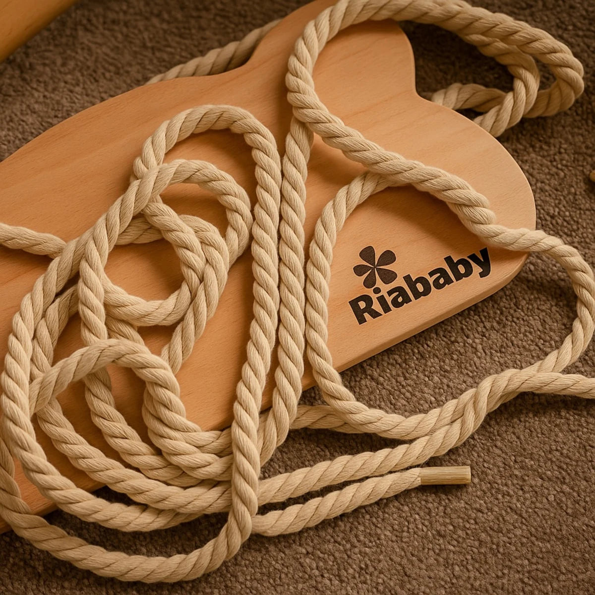 Cotton rope resting on the wooden Riababy swing seat