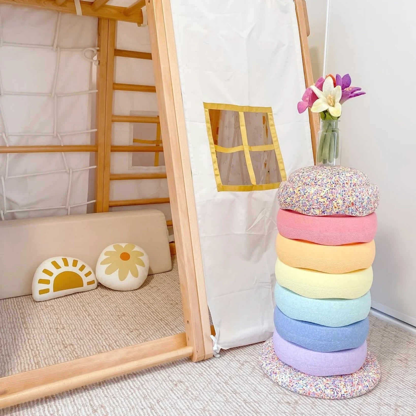 Riababy Glamping Tent with front curtains tied back on Kangaroo Playhouse